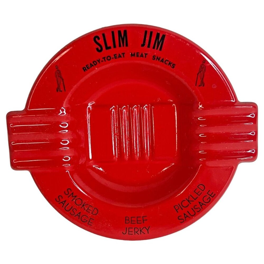 Vintage Slim Jim Advertising Ashtray‎ Red Orange Metal Beef Jerky Meat Snacks